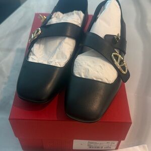 Valentino square toe Leather Mary Jane Flats with Gold Buckle